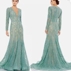 MAC DUGGAL 79291 LONG SLEEVE LACE BEADED MERMAID SAGE BALLGOWN DRESS sz 2